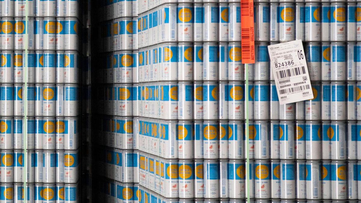 Empty cans of High Noon seltzers are stacked in the E. & J. Gallo Winery warehouse in Chester County, South Carolina.