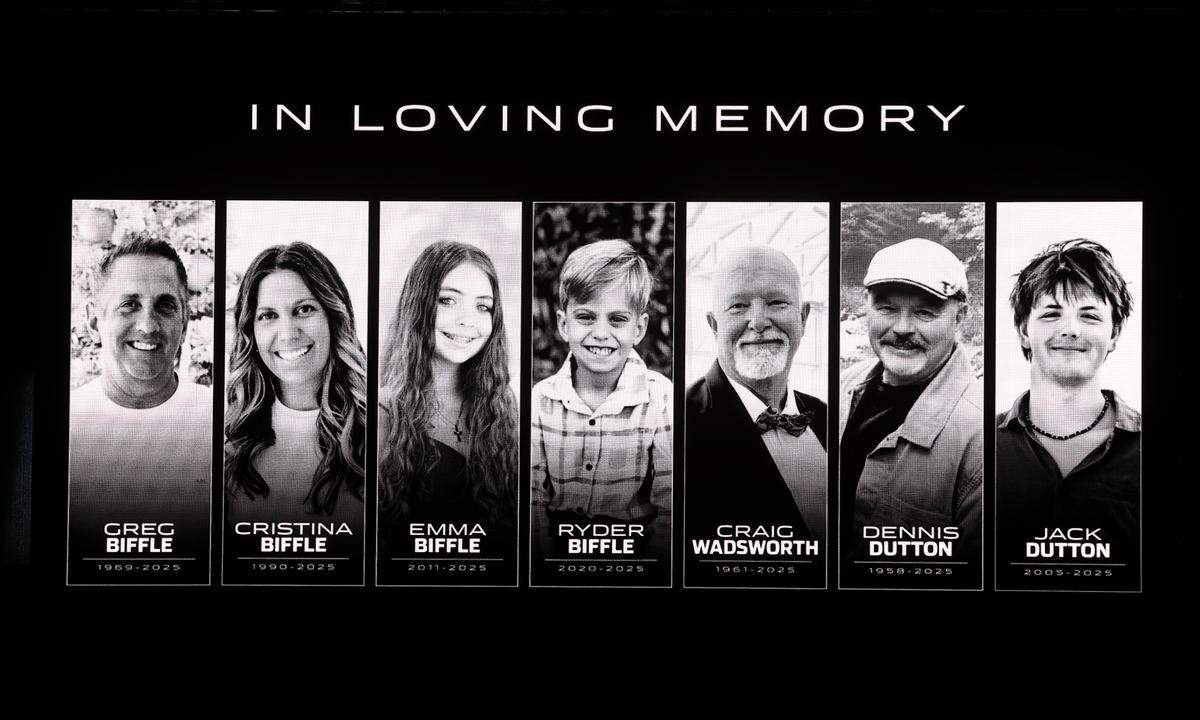 Photos of the seven people who died in a plane crash in Statesville, North Carolina, on Dec. 18, 2025, are displayed during a memorial service at Bojangles Coliseum in Charlotte on Friday.