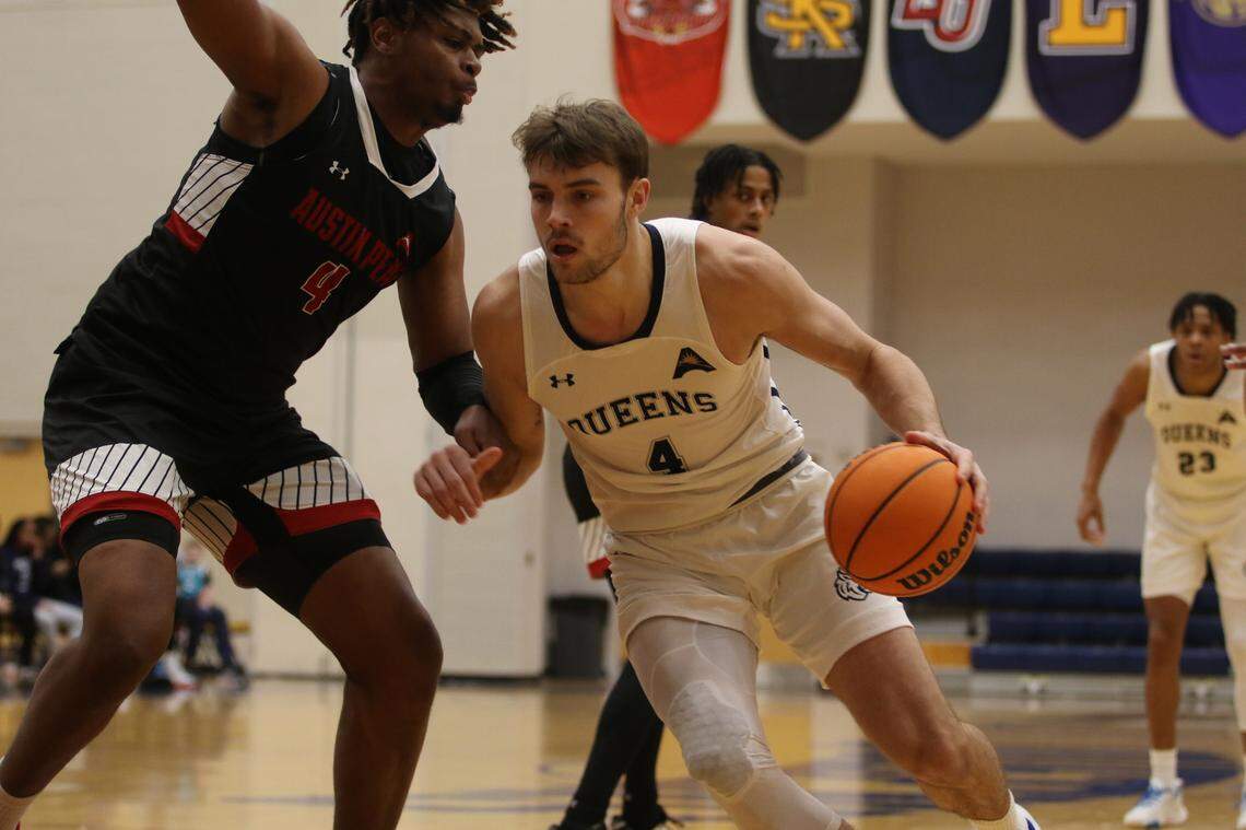 Gavin Rains, right, is among the best rebounders in the ASUN conference.