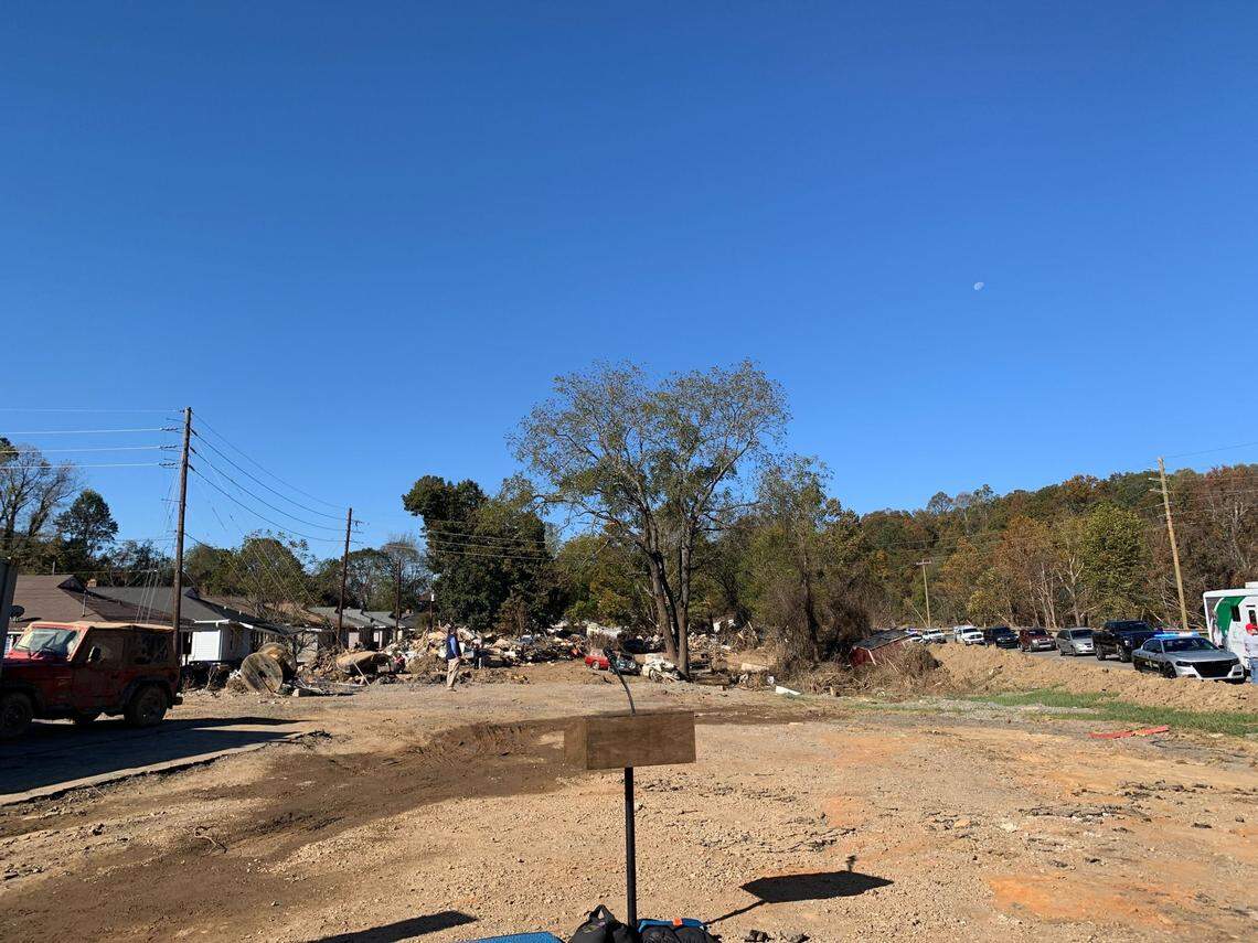 This is the view in Swannanoa, a Bumcombe County community off of Interestate 40, where former President Donald Trump is scheduled to make remarks after touring damage from Helene.