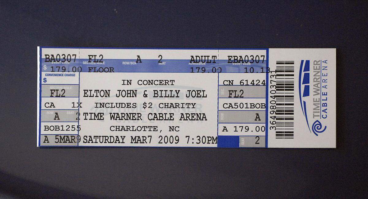 Elton John / Billy Joel concert tickets went for $179 for floor-level seating in 2009.