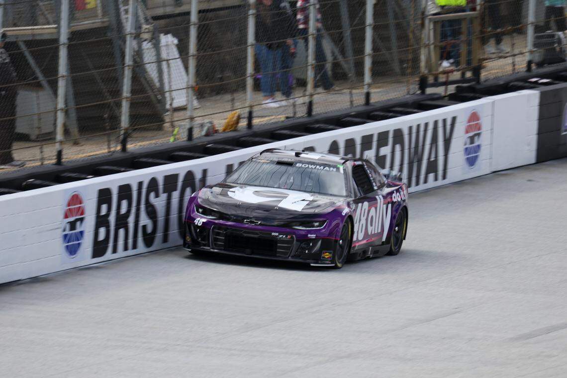 Apr 12, 2025; Bristol, Tennessee, USA; NASCAR Cup Series driver Alex Bowman (48) during qualifying for the NASCAR Food City 500 at Bristol Motor Speedway.