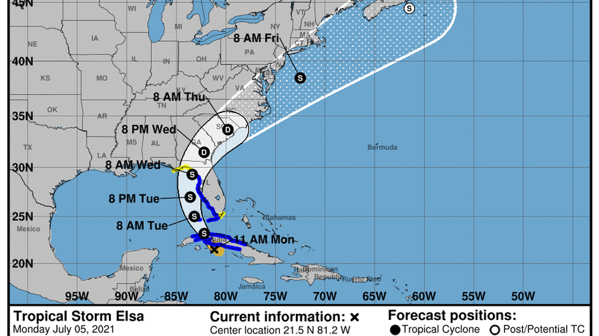 Tropical Storm Elsa is still expected to bring rains to Charlotte and the coast, according to this National Hurricane Center map at 11 a.m. Monday, July 5, 2021.