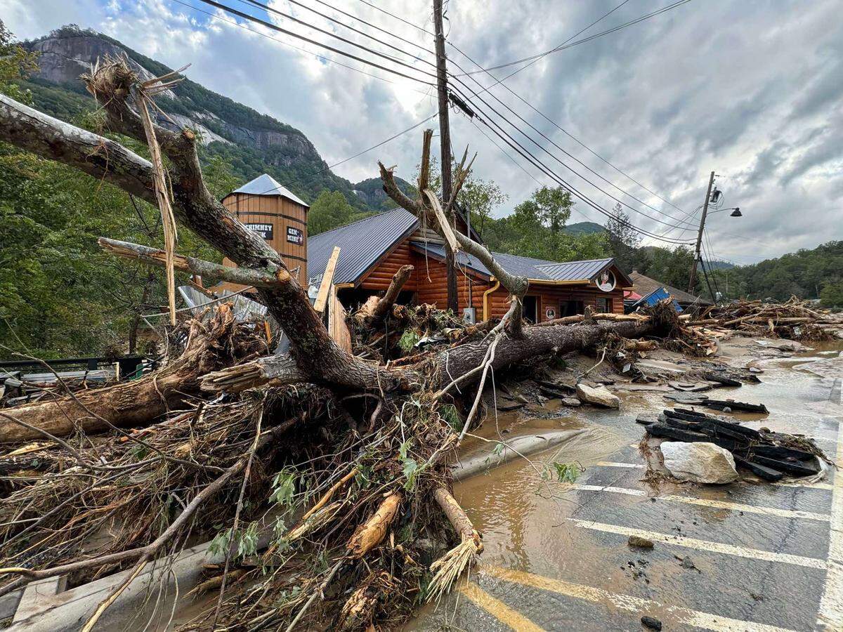 Damage shown at Chimney Rock Gemstone Mine after Hurricane Helene.