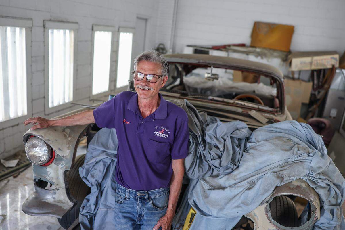 Fred Floyd poses for a portrait with his '55 Chevy at C. Fredrick's Automotive Interiors Inc. In Charlotte, N.C., on Thursday, May 21, 2026. 