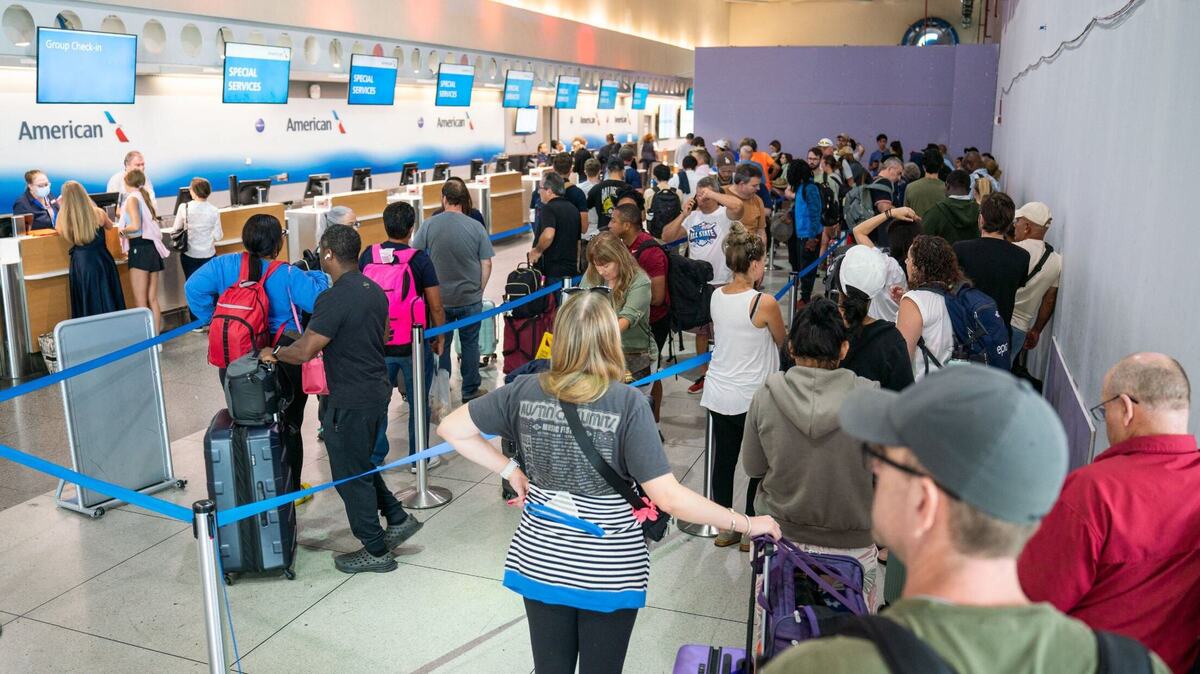 An American Airlines check-in desk inside the Charlotte Douglas International Airport on Aug. 5, 2024. The airport is expecting a busy Labor Day weekend.