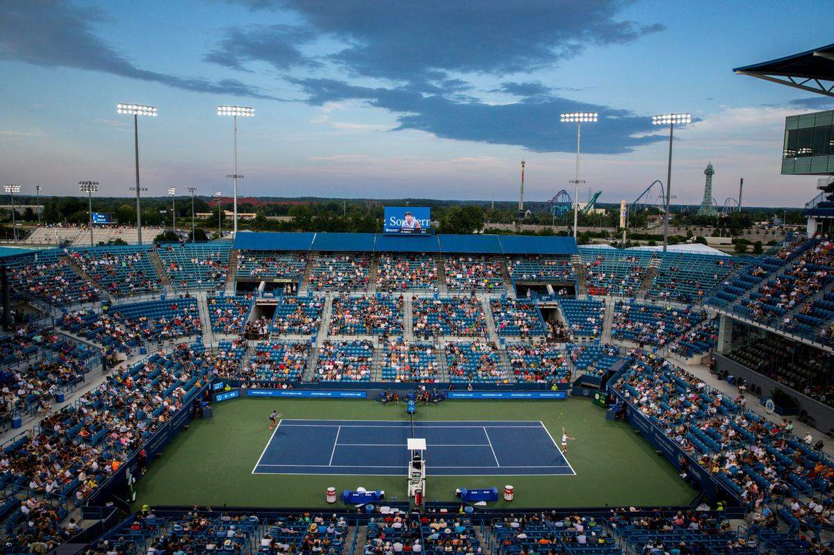 Fans watch a match between Jill Teichmann (SUI) and Naomi Osaka (JPN) in the Western & Southern Open at the Lindner Family Tennis Center in Mason, Ohio on Thursday, Aug. 19, 2021. Teichmann won 3-6, 6-3, 6-3.