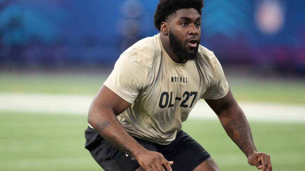 Mar 3, 2024; Indianapolis, IN, USA; Maryland offensive lineman Delmar Glaze (OL27) during the 2024 NFL Combine at Lucas Oil Stadium.