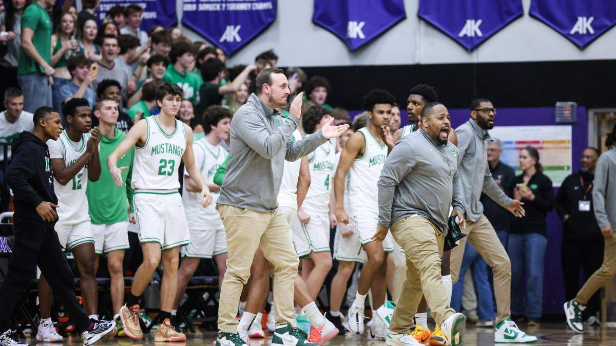Myers Park Mustangs celebrates their win against the Ardrey Kell Knights at Ardrey Kell High School in Charlotte, N.C., on Friday, February 23, 2024.