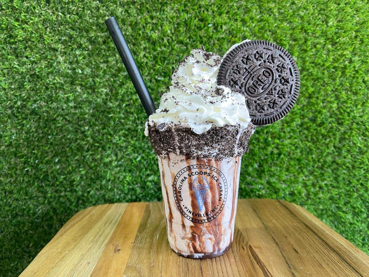 Carolina Scoops’ top seller is its Oreo Queen Shake, which blends cookies and cream ice cream with a vanilla frosted and crushed Oreos rim, chocolate drizzle, an Oreo ice cream sandwich and whipped cream ($12.75).