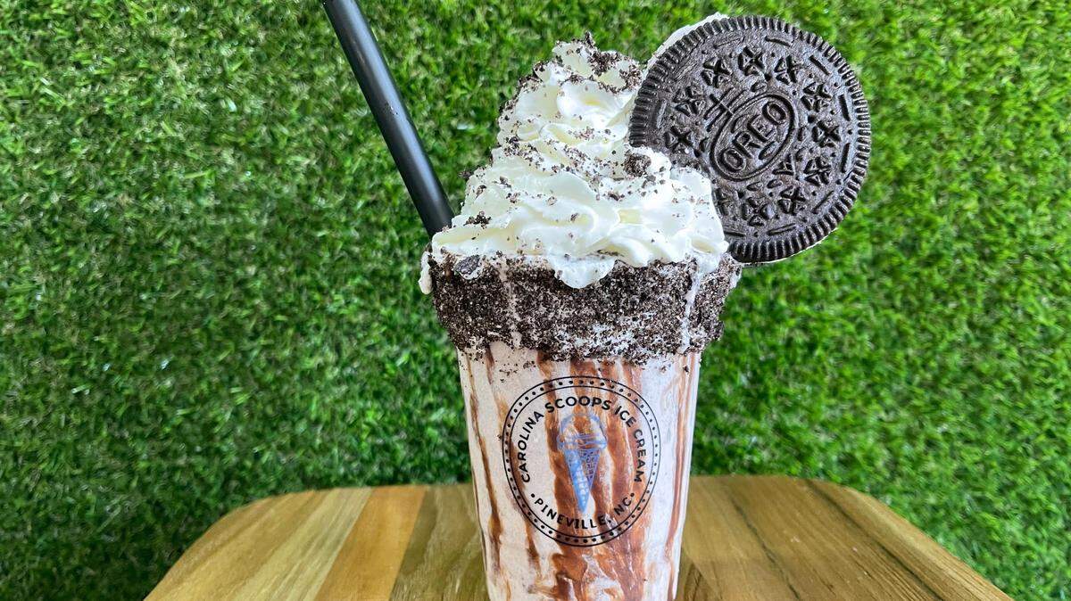 Carolina Scoops’ top seller is its Oreo Queen Shake, which blends cookies and cream ice cream with a vanilla frosted and crushed Oreos rim, chocolate drizzle, an Oreo ice cream sandwich and whipped cream ($12.75).