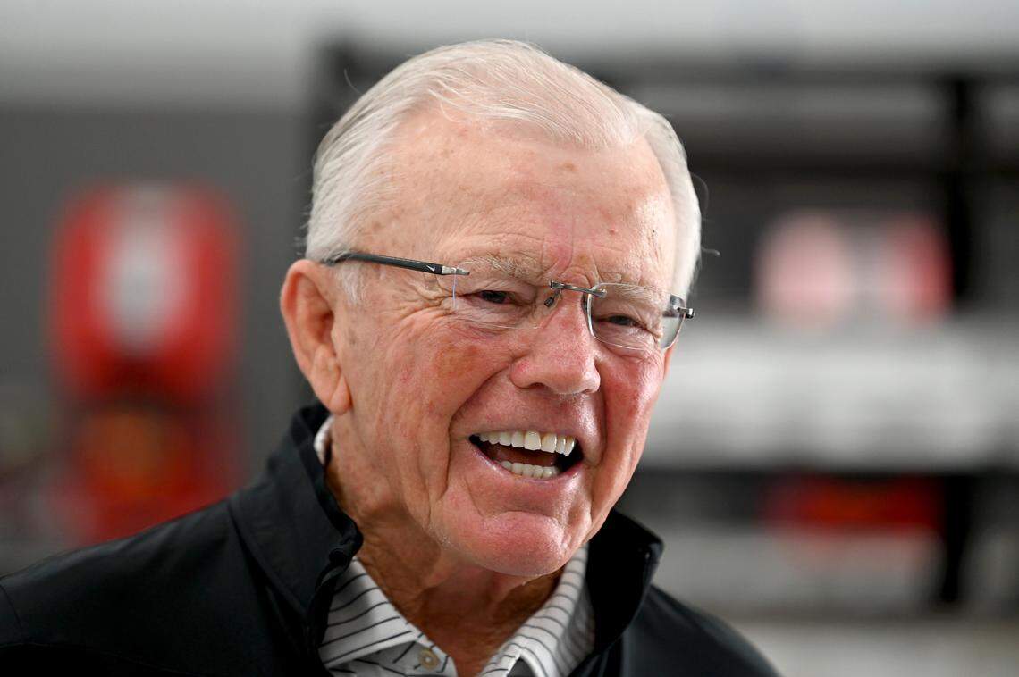 NASCAR team owner Joe Gibbs shares a story at Joe Gibbs Racing on Monday, May 23, 2022.
