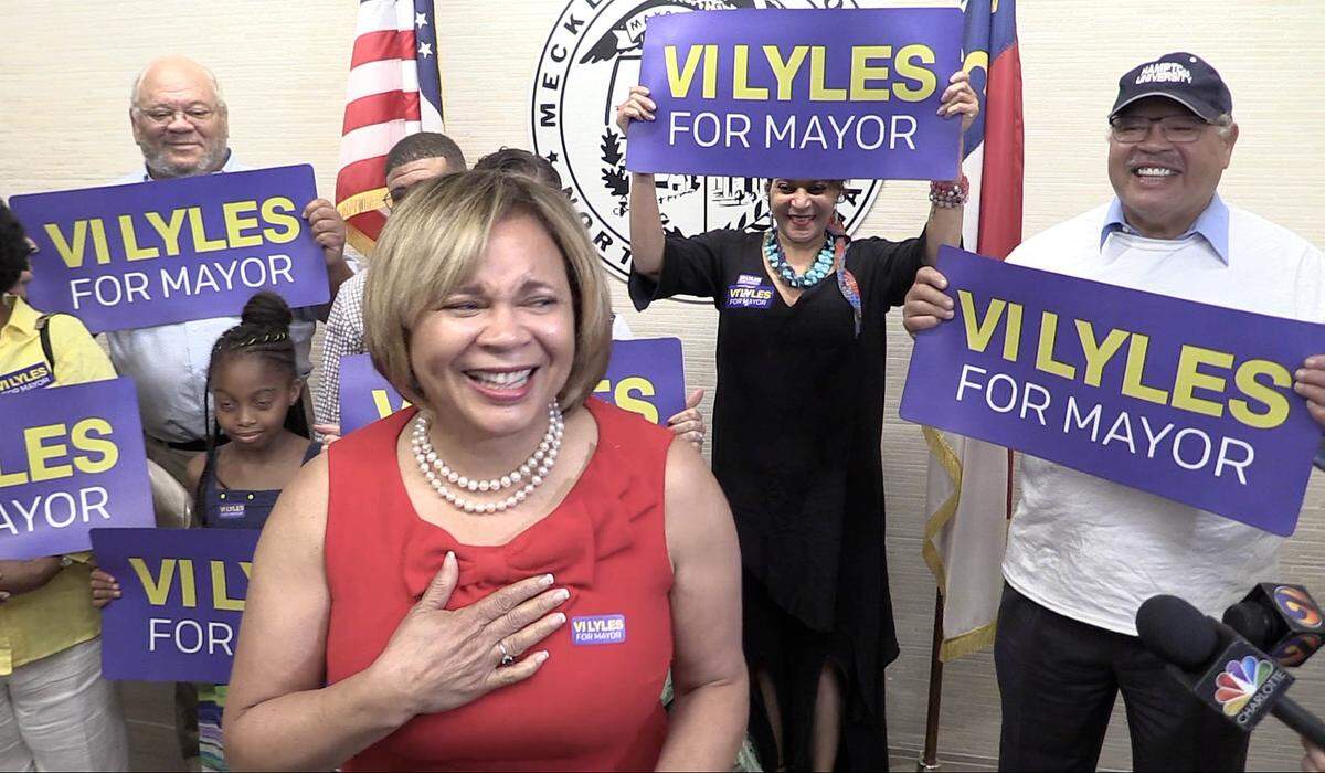 Mayor Vi Lyles speaks to the media after filing for re-election at Mecklenburg County Board of Elections on Thursday, July 11, 2019.. 