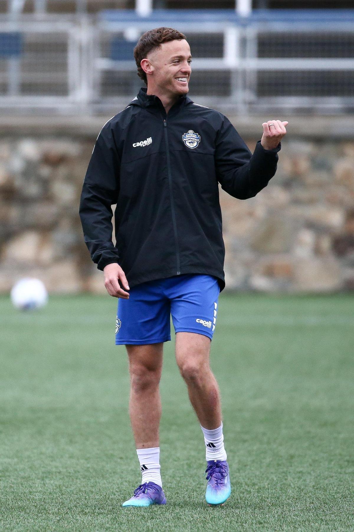 CHARLOTTE, NC - MARCH 1: Clay Dimick smiles as he talks to teammates during a Charlotte Independence closed practice session on March 1, 2024