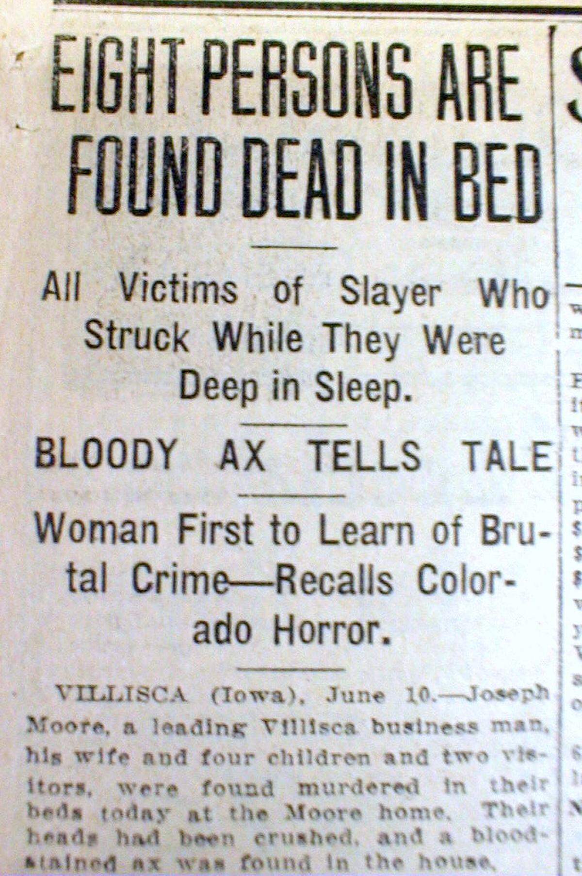 A newspaper story about The Villisca, Iowa, ax murders of June 1912.