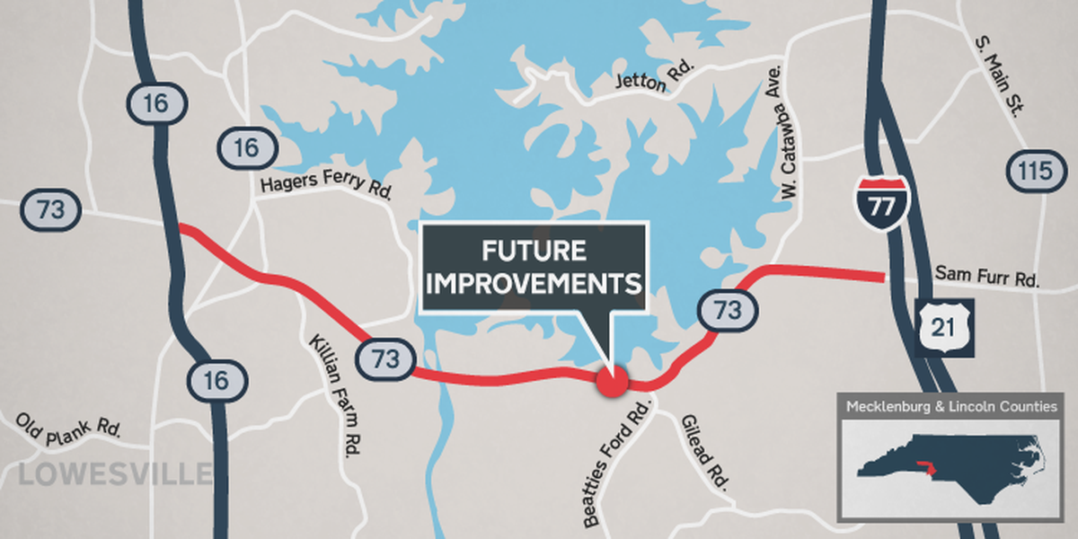 This map shows the segment of N.C. 73 in Mecklenburg and Lincoln counties that the N.C. Department of Transportation plans to widen.