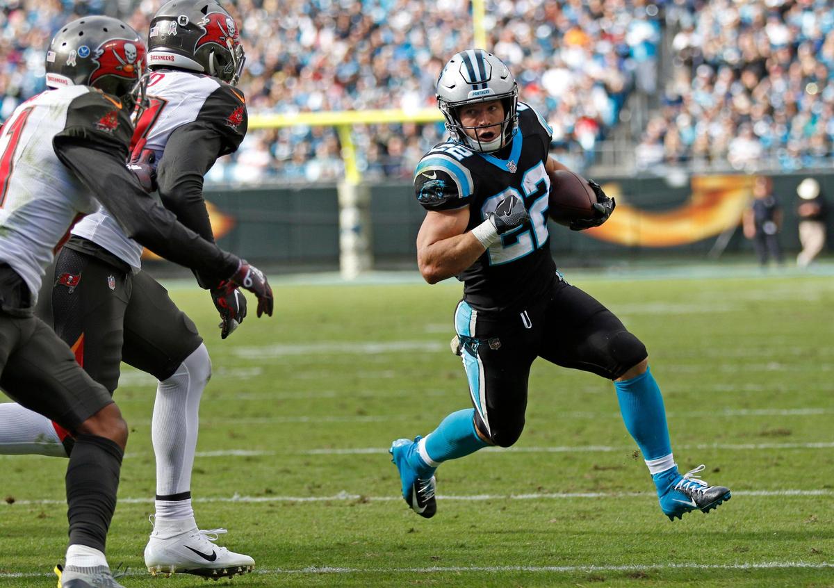 Carolina Panthers’ Christian McCaffrey (22) runs against the Tampa Bay Buccaneers in the first half of an NFL football game in Charlotte, N.C., Sunday, Nov. 4, 2018. (AP Photo/Nell Redmond)
