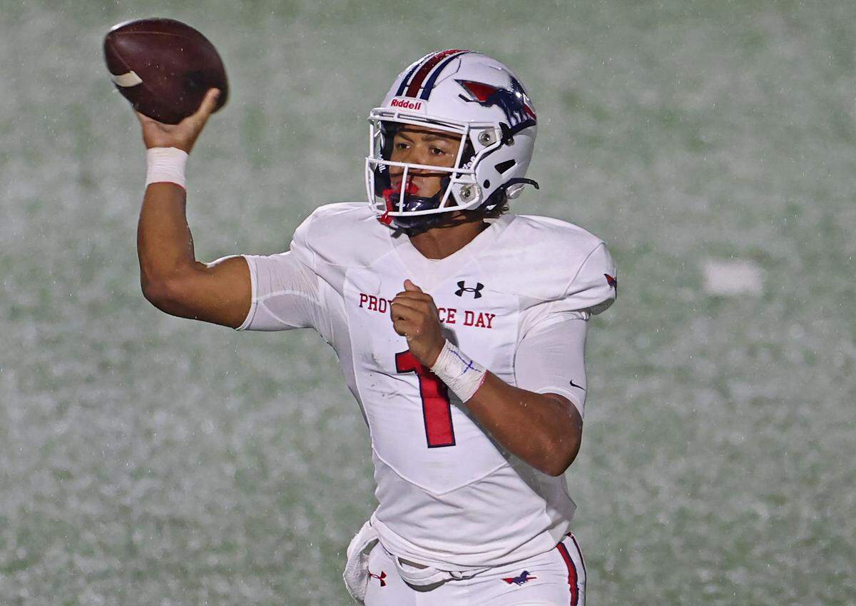 Providence Day quarterback Jadyn Davis passes to a receiver during action against Charlotte Christian on Friday, October 13, 2023.