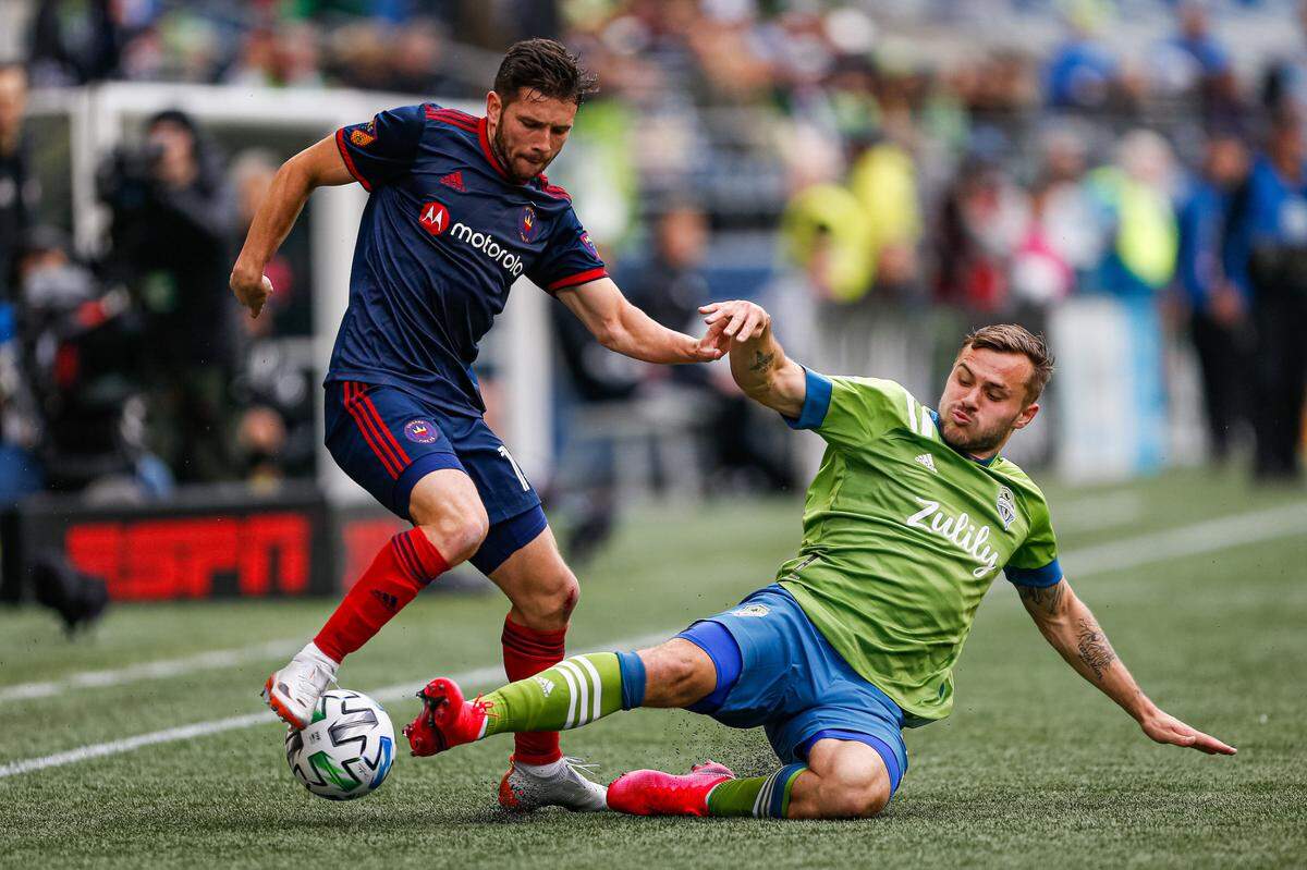 Brandt Bronico of Chicago Fire FC during a match against the Seattle Sounders. CenturyLink Field. Seattle, Washington. March 1, 2020. Photos by Matt Ferris, Truong Nguyen and Alika Jenner.