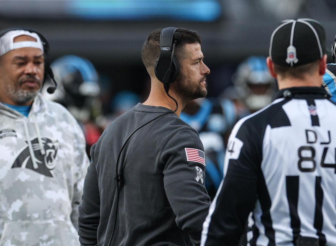 Panthers head coach Dave Canales watches the game from the sidelines during the game against the Chiefs at Bank of America Stadium in Charlotte, NC on Sunday, November 24, 2024.