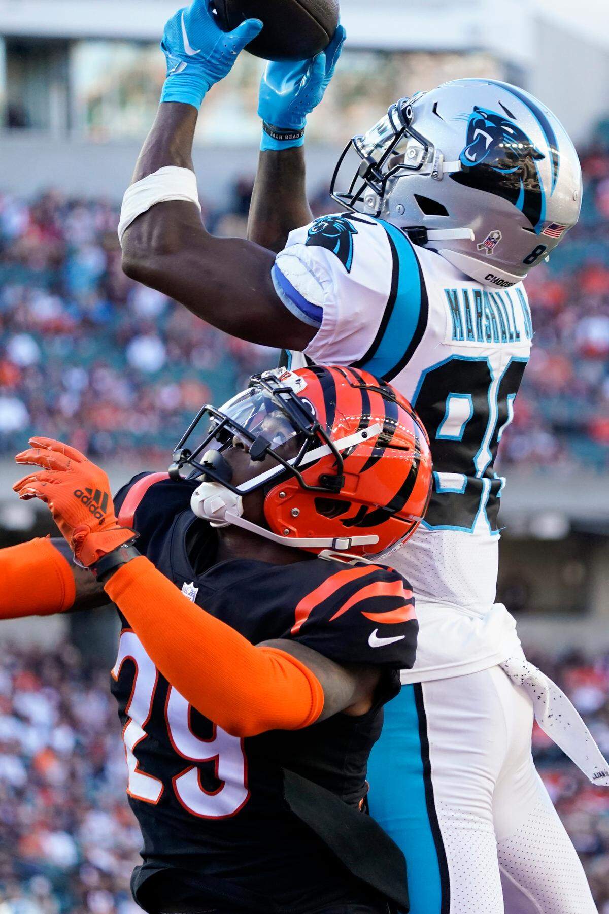 Carolina Panthers wide receiver Terrace Marshall Jr. (88) makes a touchdown catch above Cincinnati Bengals cornerback Cam Taylor-Britt (29) during the second half of an NFL football game, Sunday, Nov. 6, 2022, in Cincinnati. (AP Photo/Joshua A. Bickel)