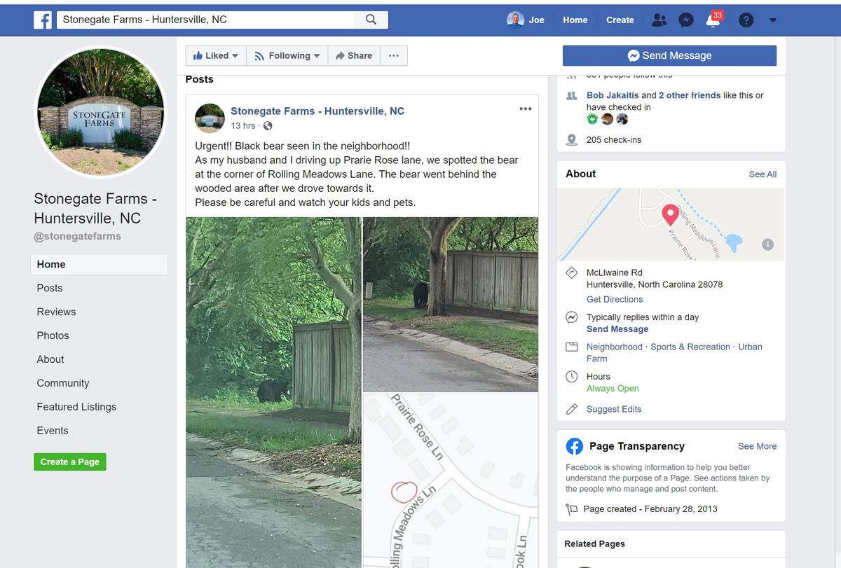 A woman in Huntersville’s StoneGate Farms community warned her neighbors to ‘watch your kids and pets’ after snapping photos of a bear in their neighborhood Friday night, May 29, 2020.