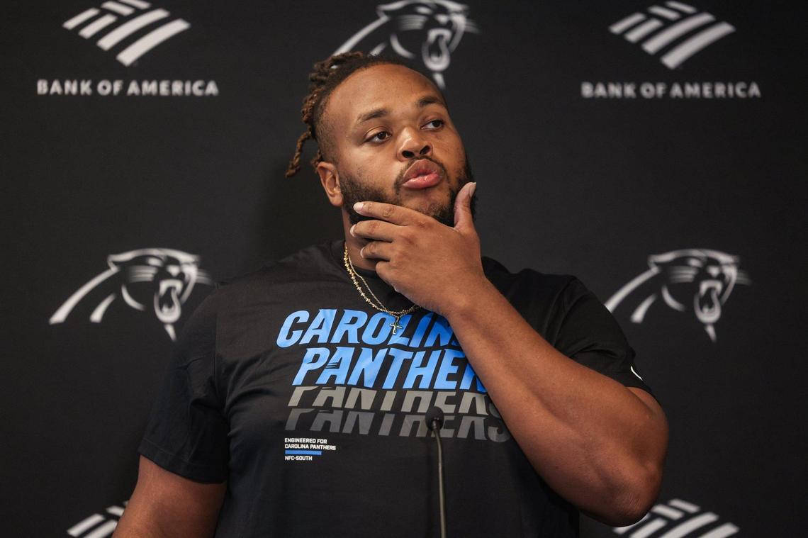 Carolina Panthers’ guard Robert Hunt speaks to media during Veteran Report Day for training camp on July 22, 2025, at Bank of America Stadium in Charlotte.