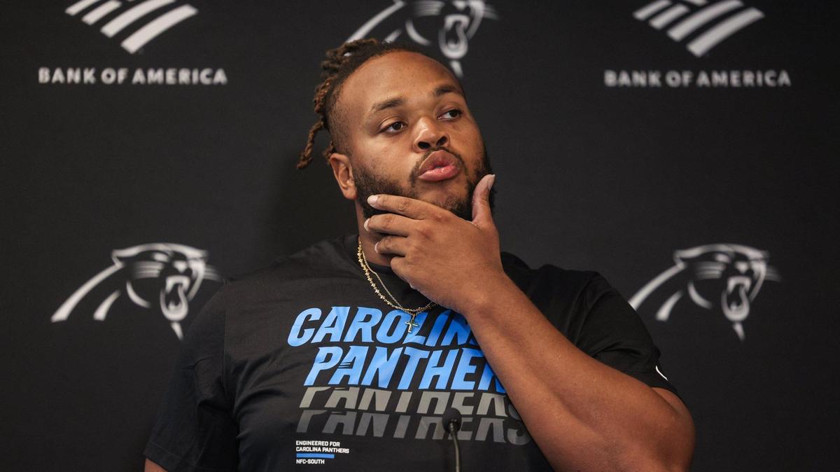 Carolina Panthers’ guard Robert Hunt speaks to media during Veteran Report Day for training camp at Bankof America Stadium in Charlotte, NC on Tuesday, July 22, 2025.