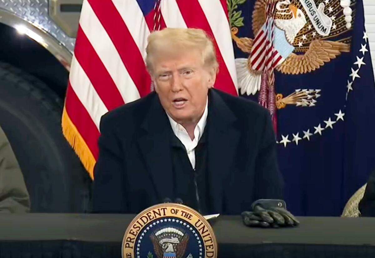 President Donald Trump speaks during his first visit to North Carolina since taking office on Friday, Jan. 24, 2025. 