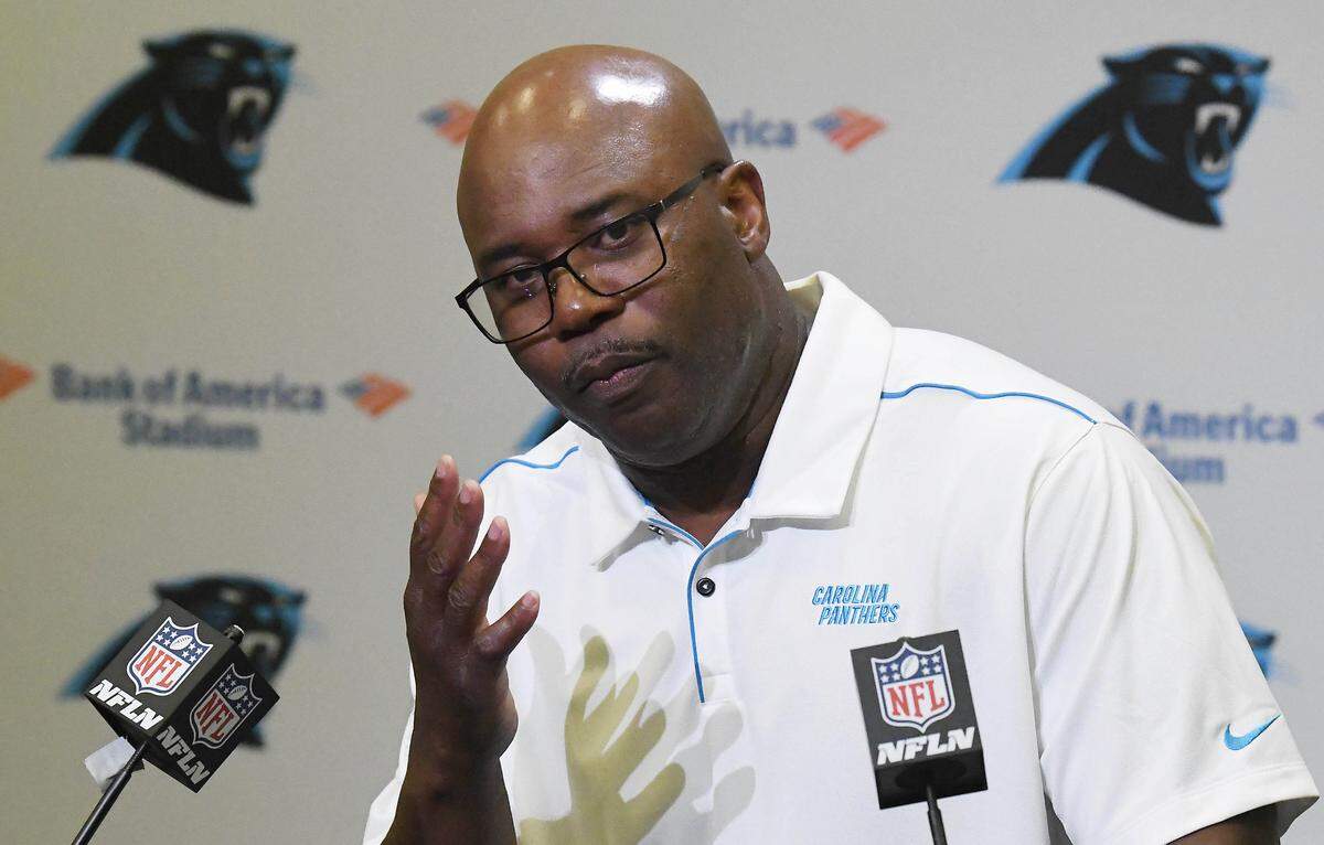 Perry Fewell makes a point Wednesday during his  first press conference as the Panthers' interim head coach. Fewell grew up in Gaston County and went to college at Lenoir-Rhyne. 