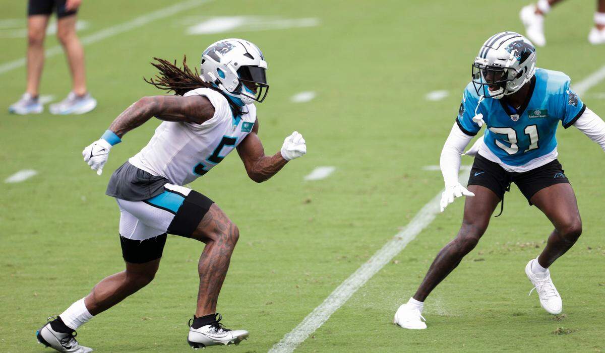 Carolina Panthers wide receiver, Laviska Shenault Jr., runs a play during a Training Camp practice on Saturday, July 29, 2023 at Gibbs Stadium.
