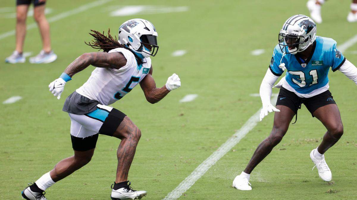 Carolina Panthers wide receiver, Laviska Shenault Jr., runs a play during a Training Camp practice on Saturday, July 29, 2023 at Gibbs Stadium.
