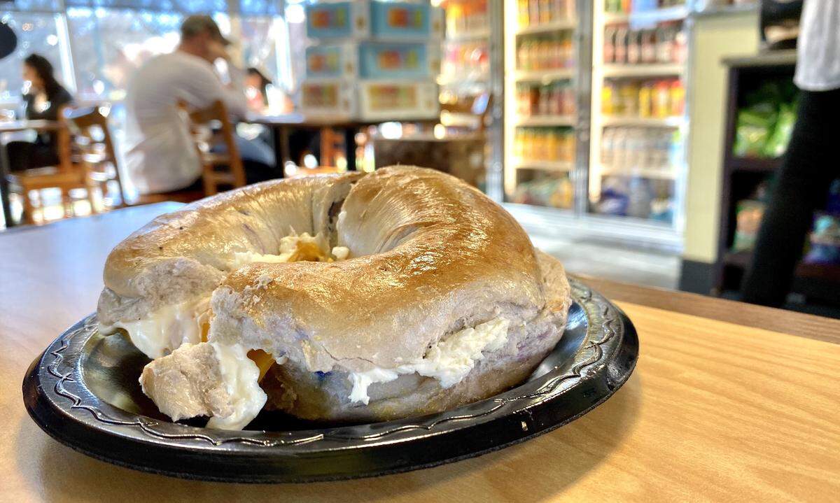 A Poppy’s Bagel blueberry bagel.