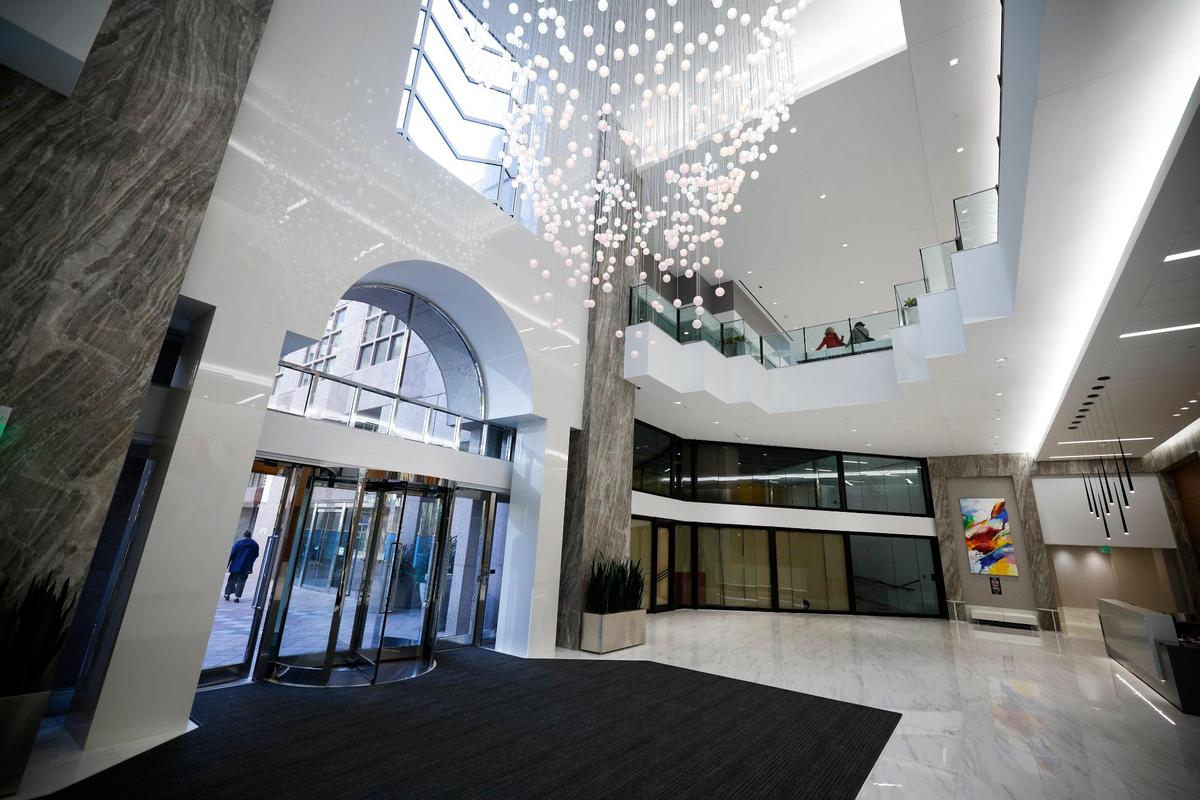 The newly-renovated lobby at One Wells Fargo Center in uptown. The property is known locally as the jukebox building.