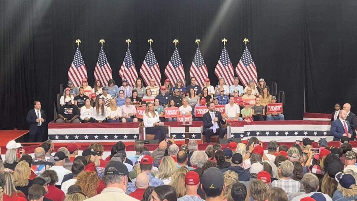 JD Vance speaking at a town hall event in Monroe on Oct. 25, 2024.