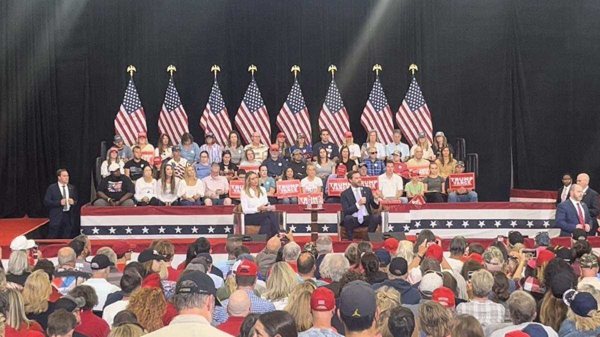 JD Vance speaking at a town hall event in Monroe on Oct. 25, 2024.