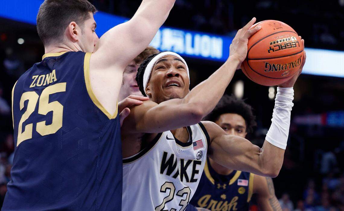 Wake Forest’s Hunter Sallis (23) is defended by Notre Dame’s Matt Zona (25) during the first half of Wake Forest’s game against Notre Dame in the second round of the 2024 ACC Men’s Basketball Tournament at Capital One Arena in Washington, D.C., Wednesday, March 13, 2024.