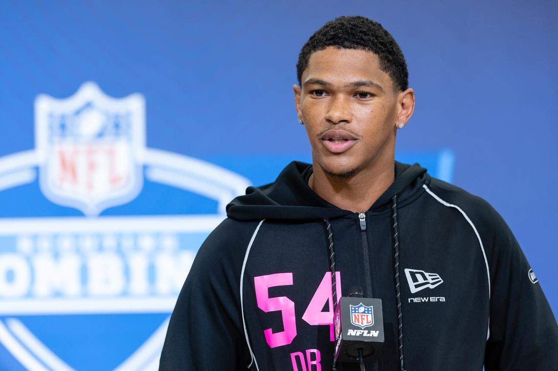 Penn State’s Zakee Wheatley speaks to the media during the 2026 NFL Draft Combine at the Indiana Convention Center in Indianapolis.