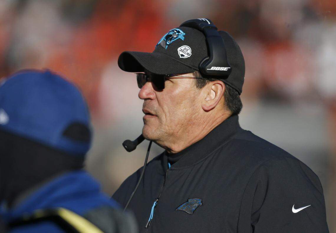 Carolina Panthers head coach Ron Rivera watches the second half of an NFL football game against the Cleveland Browns, Sunday, Dec. 9, 2018, in Cleveland. (AP Photo/Ron Schwane)