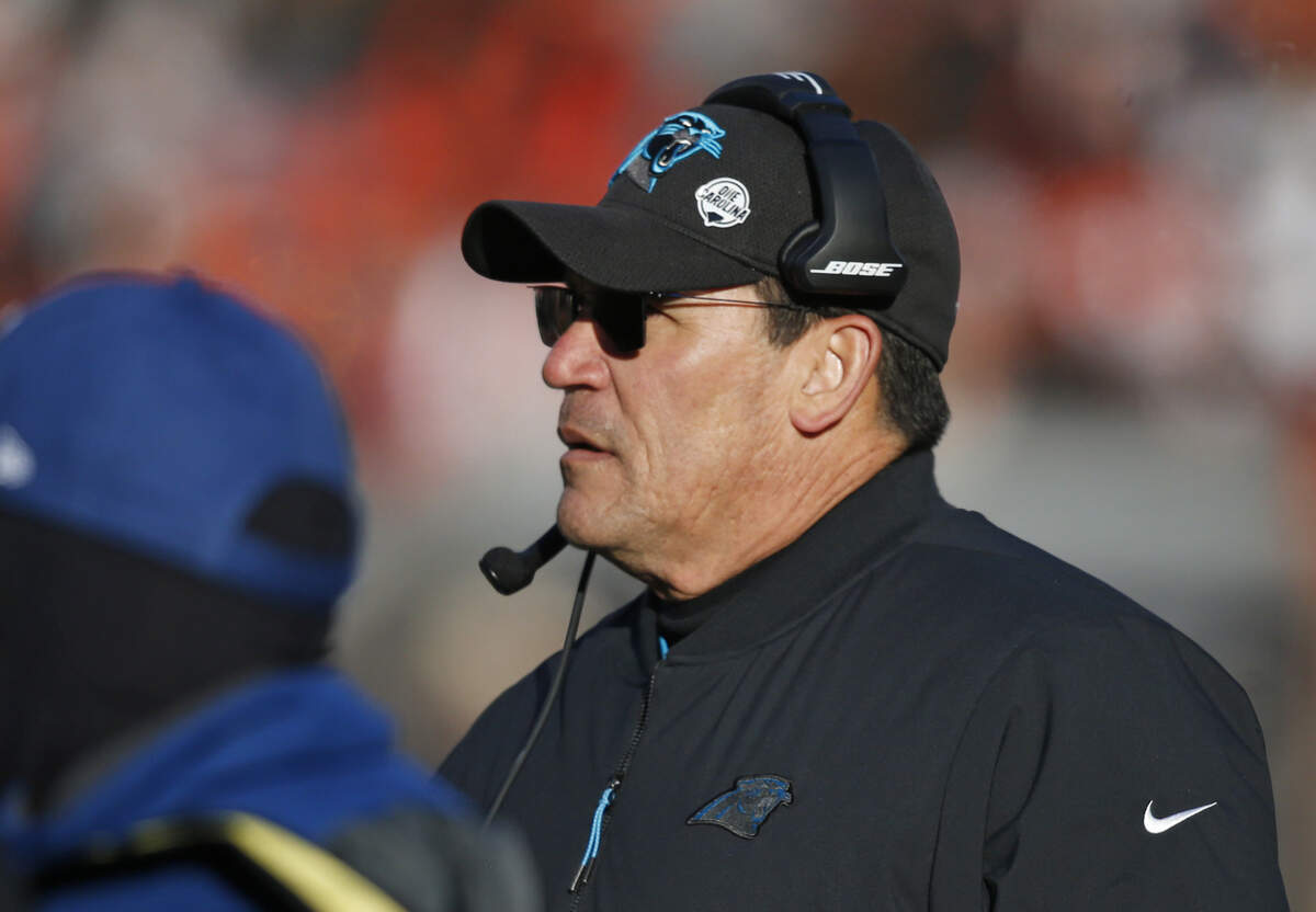 Carolina Panthers head coach Ron Rivera watches the second half of an NFL football game against the Cleveland Browns, Sunday, Dec. 9, 2018, in Cleveland. (AP Photo/Ron Schwane)