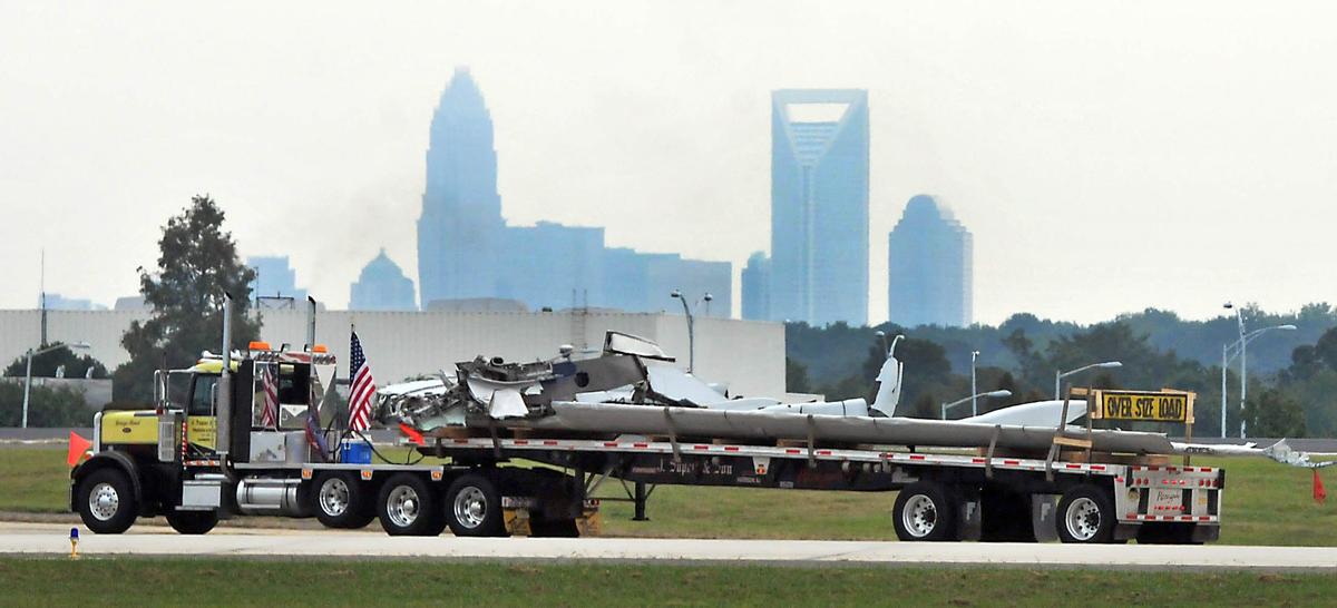 A wing from US Airways Flight 1549 arrives at Charlotte Douglas International Airport on Sept. 15, 2011. Transported on two flatbed trucks, the two wings left a warehouse in New Jersey. Workers reattached the wings to the fuselage, which was already on display at the museum.