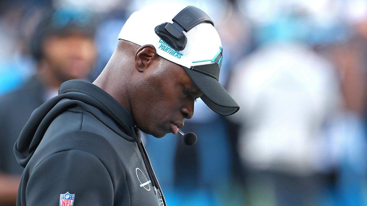 Carolina Panthers Ejiro Evero during second half action at Bank of America Stadium in Charlotte, NC on Sunday, November 19, 2023. The Cowboys defeated the Panthers 33-10.