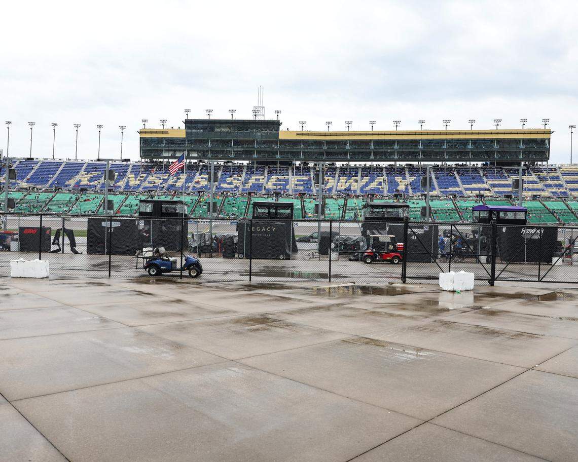 A rain-soaked Kansas Speedway ahead of the NASCAR Cup Series’ AdventHealth 400 on Sunday, May 5, in Kansas City, Kansas.