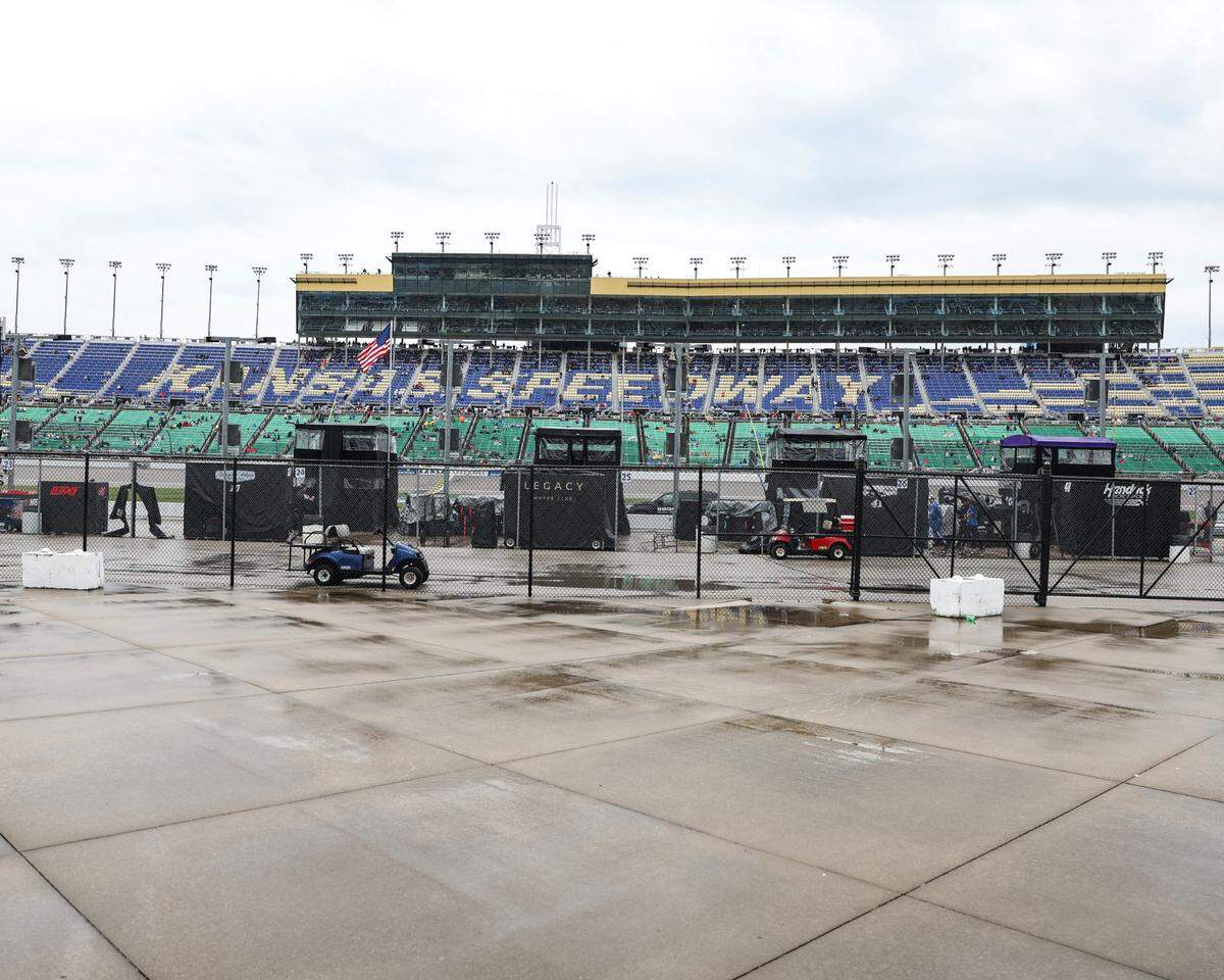 A rain-soaked Kansas Speedway ahead of the NASCAR Cup Series’ AdventHealth 400 on Sunday, May 5, in Kansas City, Kansas.