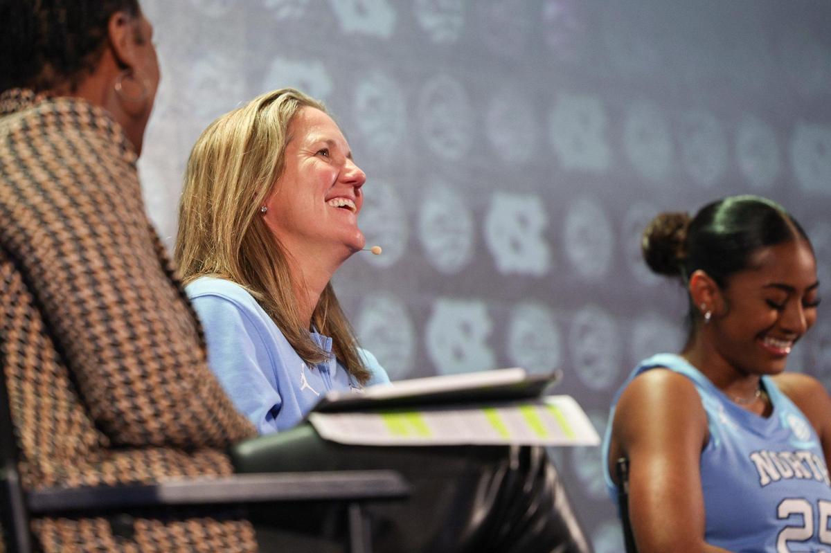 North Carolina’s Head Coach Courtney Banghart laughs when asked about her team playing pickleball during the ACC Women’s Basketball Tipoff in Charlotte, NC on Tuesday, October 23, 2023.