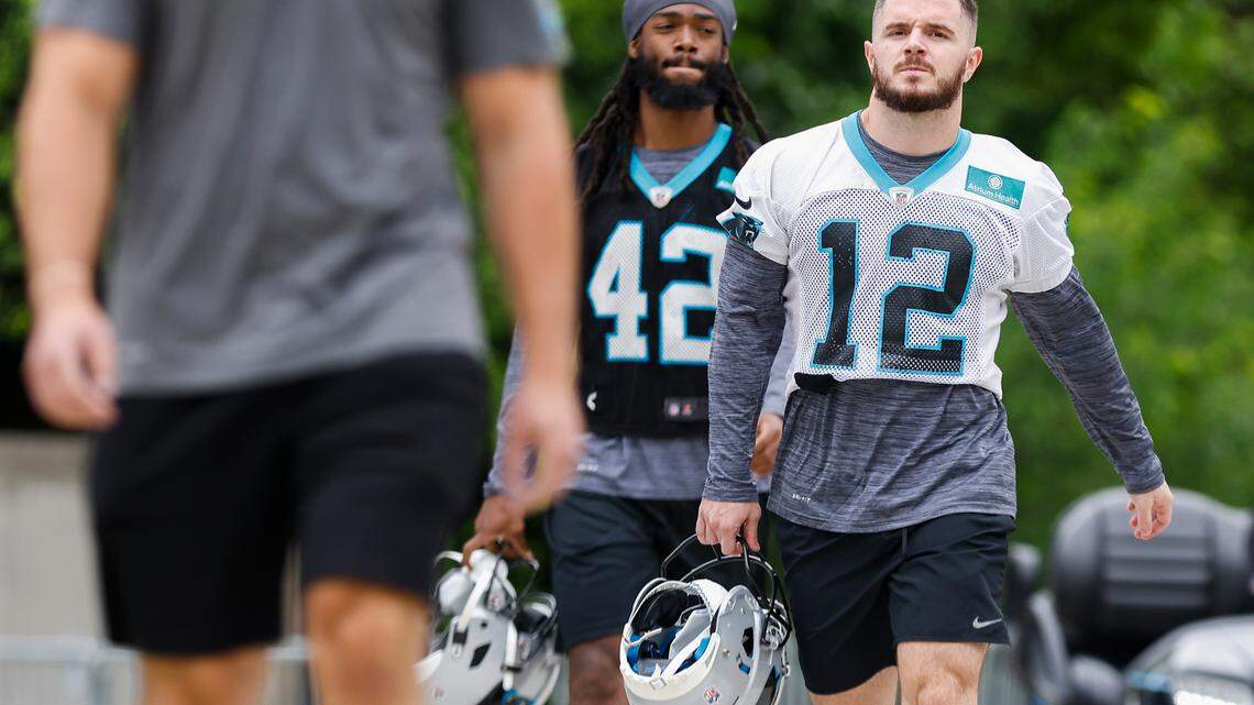 Carolina Panthers wide receiver Ryan Switzer (12) walks to practice during rookie minicamp at the Panthers practice field in Charlotte, N.C., Friday, May 13, 2022.