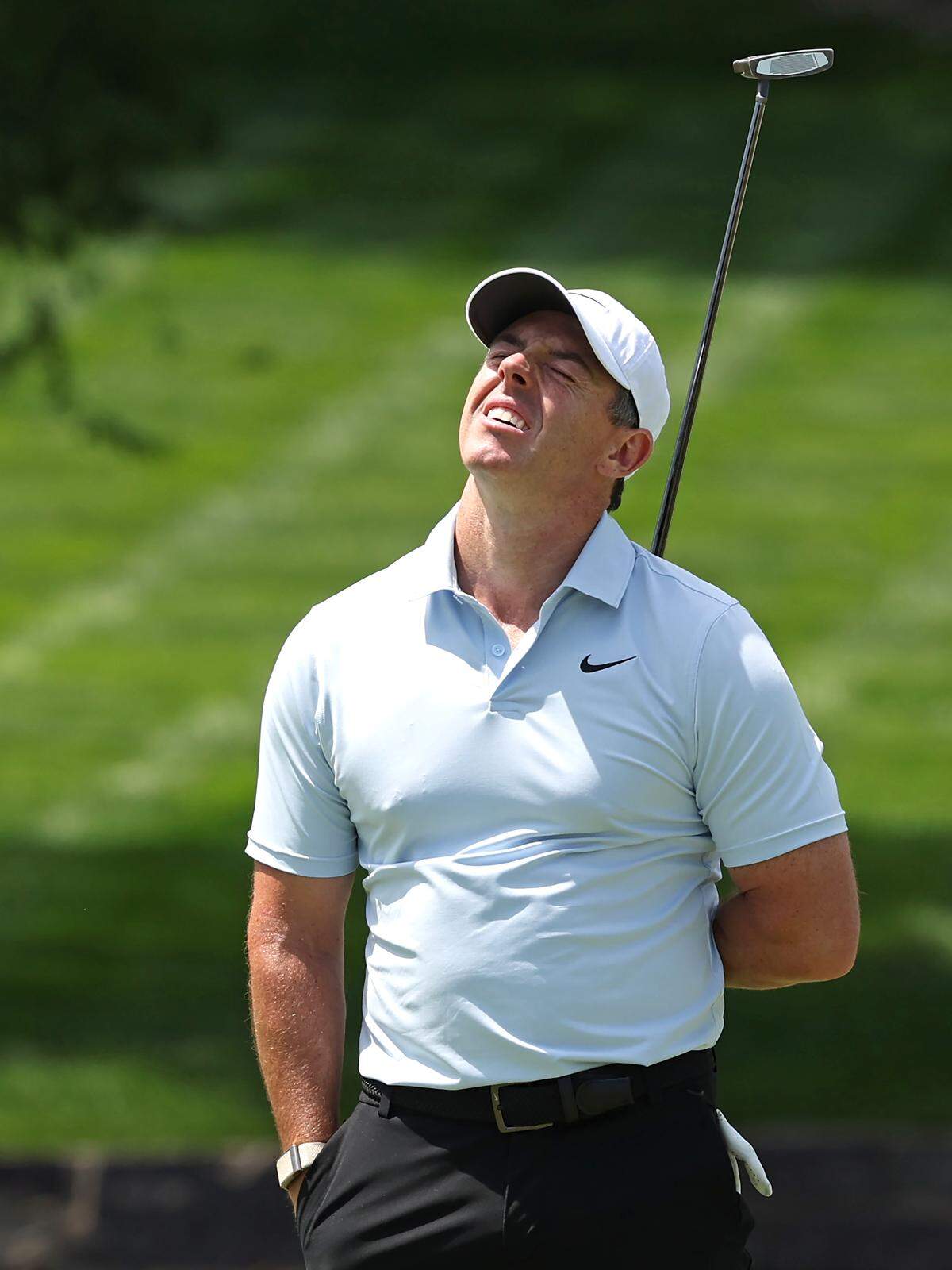 Rory McIlroy reacts to missing a putt on the seventh green during Round 2 of the Truist Championship at Quail Hollow Club on Friday, May 8, 2026.