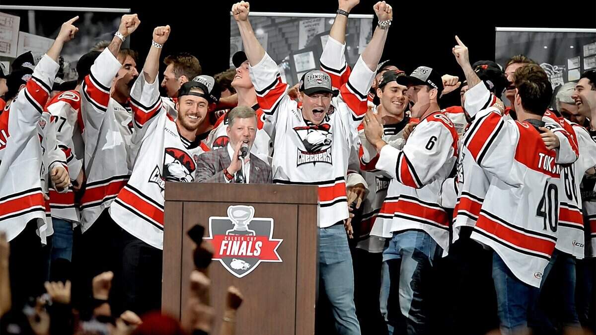 The Charlotte Checkers celebrate their winning the Calder Cup with team owner Michael Kahn, at microphone, at Bojangles’ Coliseum in Charlotte on, June 10, 2019. The Checkers opted out of the 2020-21 season but announced Thursday that they would return to play in the fall.