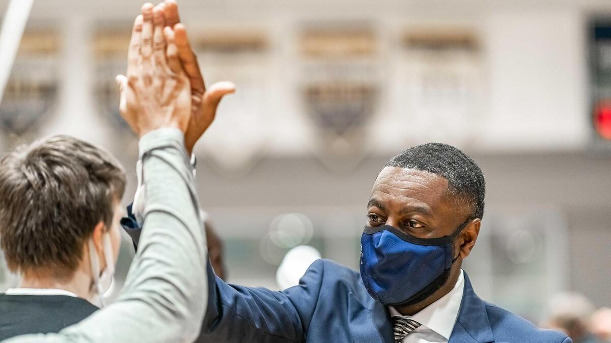 Carmel Christian head coach Joe Badgett runs through pre-game routines. Carmel Christian would host the Cannon Cougars for the NCISAA 4A State Championship Saturday Feb 27, 2021.
