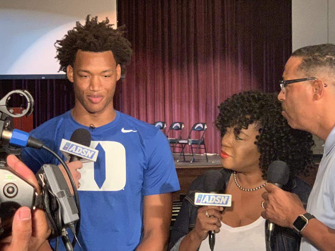 Cox Mill High basketball star Wendell Moore does a media interview after announcing his commitment to Duke Monday night